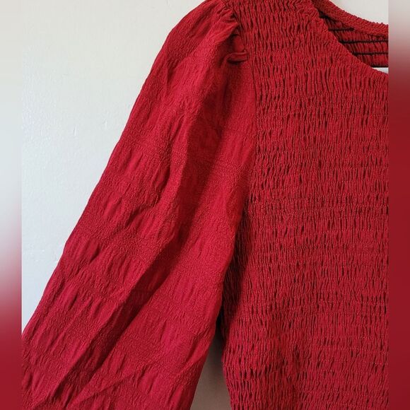 Red Peasant Dress Midi Smocked Puff Sleeve Cottagecore Tiered Maiden Milkmaid S - Picture 8 of 11